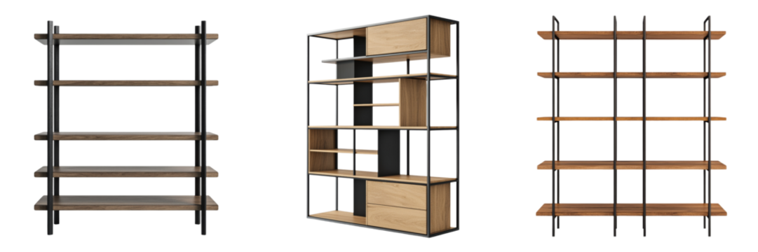 Sleek shelving units in contemporary design with wood and metal materials