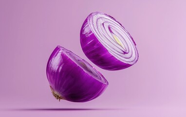 A vibrant purple onion cut in half floating mid air with thin layers separating, pastel purple background