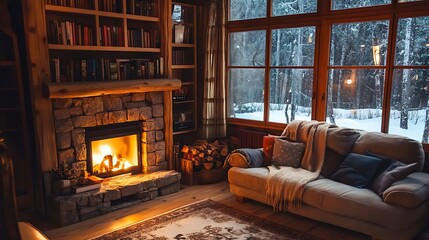 Cozy living room with fireplace, bookshelves, and snowy winter view.
