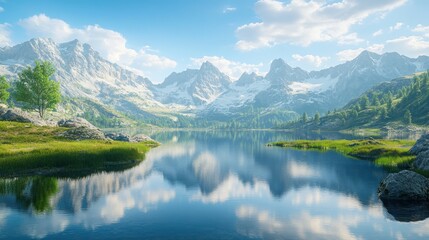 Fototapeta premium Breathtaking Panoramic View of Majestic Snow-Capped Mountains Reflected on a Tranquil Lake Surrounded by Lush Greenery and Under a Bright Blue Sky Full of Fluffy White Clouds