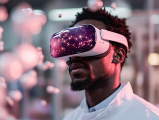 A man in a lab, working with virtual reality to study chemical reactions, with images of molecules and chemical elements floating in the air in front of him