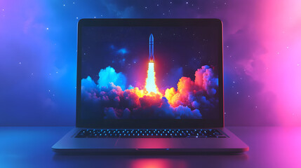 Laptop Screen Displaying a Rocket Launching into Space with Neon Lighting