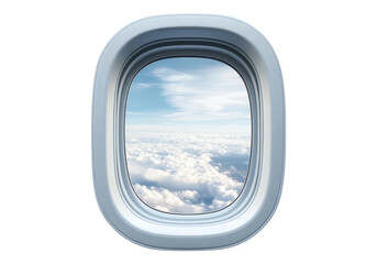 Airplane window with sky view.