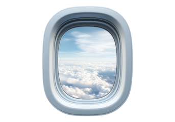 Airplane window with sky view.