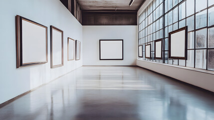 Empty Art Gallery with Blank Frames and Large Windows - Modern Interior Design