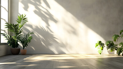 Sunlit Minimalist Interior with Tropical Plants and Wooden Floor