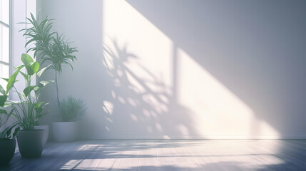 Sunlit Minimalist Room Interior with Potted Plants and Soft Shadows
