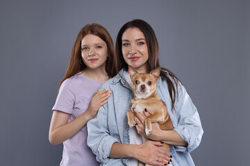 Family portrait of beautiful mother with teenage daughter and cute Chihuahua dog on grey background