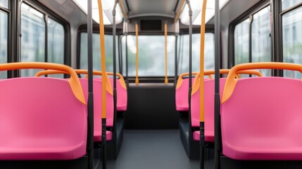 Seat belt and safety innovation, A brightly colored bus interior features pink seats and orange handrails, creating a vibrant, cheerful atmosphere for passengers.