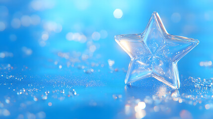 Sparkling Glass Star on Blue Background with Water Droplets