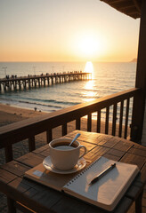Wooden table on a balcony, ocean sunset view, coffee cup, open notebook, pen, pier, boats, warm golden light, peaceful and inspiring vibe.