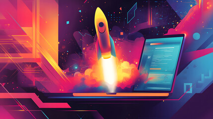 Rocket Launching from Laptop Digital Startup Success and Innovation