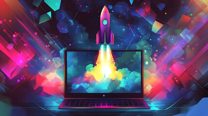 Startup Launch Rocket Taking Off from Laptop Screen, Colorful Abstract Background
