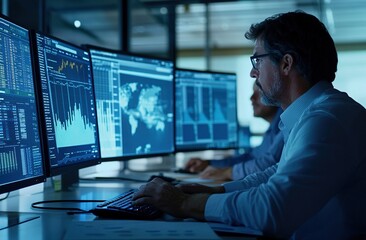 Analyst Monitors Global Market Data Trends Using Advanced Technology for Financial Insights at Night