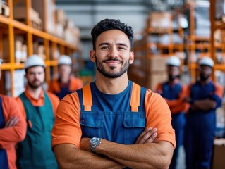 Fototapeta premium Man in orange shirt and blue overalls standing in a warehouse with industrial equipment