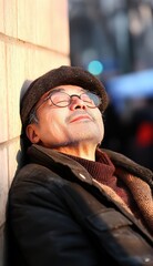 Fototapeta premium Elderly man enjoying warm sunlight while resting against a brick wall in a bustling city