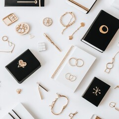 Gold Jewelry & Notebooks Flatlay