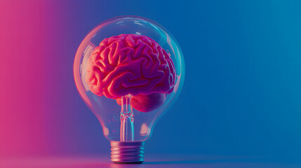 Illuminated Mind Brain Inside Light Bulb, Neon Pink and Blue Gradient Background