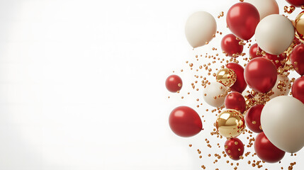 Festive Red and White Balloons with Gold Confetti on White Background