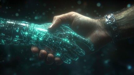 Fototapeta premium Futuristic Human and Robot Handshake Symbolizing Collaboration and Unity
