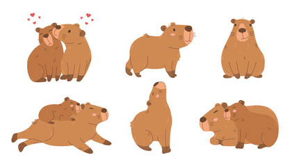 Cute capybaras single animal and family funny characters. Funny flat cartoon animal collection. Kawaii hand drawn capibara isolated 