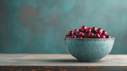 Fresh Red Cranberries in a Stylish Bowl with Rustic Wooden Table and Colorful Background