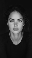 Fototapeta premium Young woman with freckles posing in black and white portrait