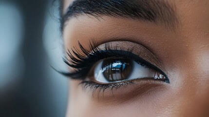 Obraz premium Close-up of a woman's eye showcasing intricate eyelashes and a reflective gaze in a soft-focus background