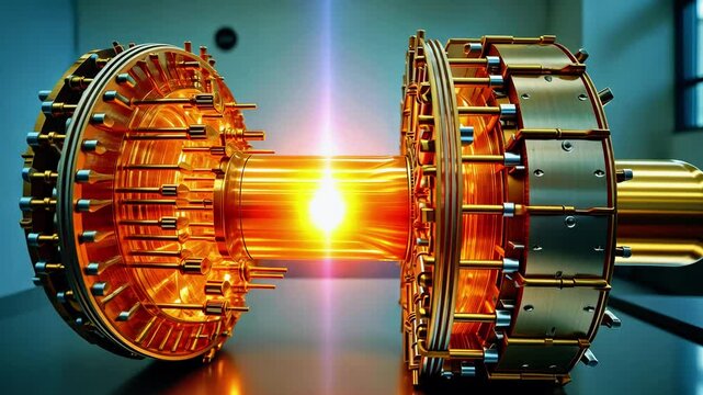 Futuristic energy generator with intricate design, glowing core, in a modern laboratory setting