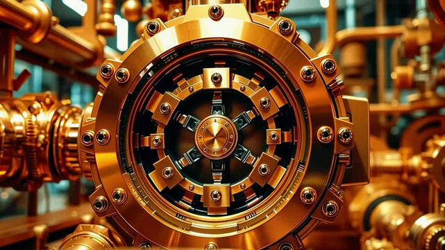Intricate golden machinery component showcasing detailed engineering in a high-tech environment