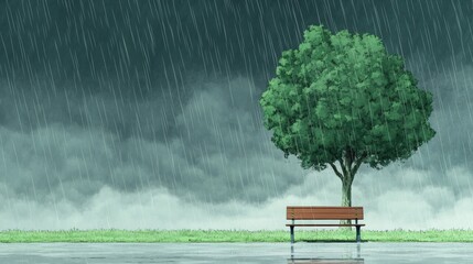 Obraz premium Serene Park Bench Under Heavy Rain A Tranquil Summer Scene with Lush Greenery and a Large Tree