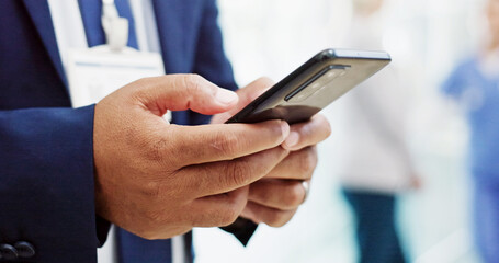 Healthcare, man and mobile in hands for contact, schedule update and medical research in hospital. Person, phone and typing in closeup for telehealth, calendar app and planning agenda for business