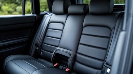 Seat belt and safety innovation, A sleek, modern car interior featuring luxurious black leather seats with a contemporary design, emphasizing comfort and style.