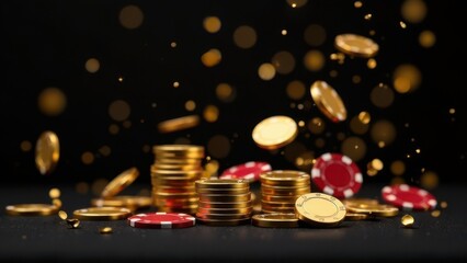 Gold coins and red casino chips falling on black surface