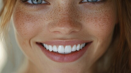 Close up of a smiling woman with freckles and bright white teeth