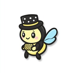 Fototapeta premium Cute bee in top hat holding honeycomb. Ideal for kids' products, stationery, or digital art