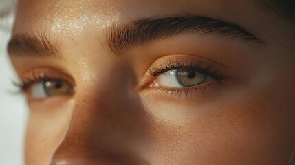 Fototapeta premium Close-up of a young woman's striking blue eyes reflecting natural light, showcasing her unique beauty