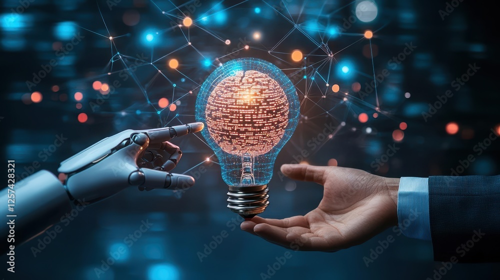 Aufkleber two hands holding a light bulb with circuitry inside against a neutral background