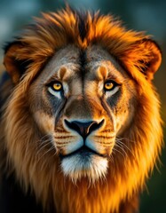 Fototapeta premium Majestic lion portrait with intense gaze and golden mane in natural habitat