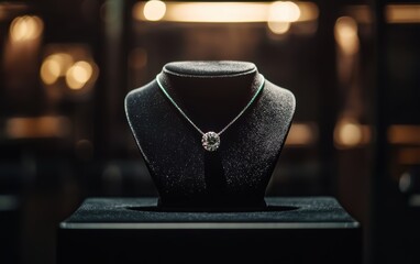 Minimalist high-end jewelry showcase with a diamond necklace on a black velvet display, soft ambient lighting emphasizing brilliance
