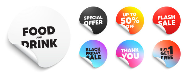 Food and Drink sticker tag. Special offer paper price tags. Food and Drink tag. Kitchen food offer. Restaurant menu. Discount, black friday sticker. Promo banner. Vector
