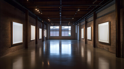 Modern Art Gallery Interior with Empty Picture Frames, Exposed Brick Walls, and Polished Concrete