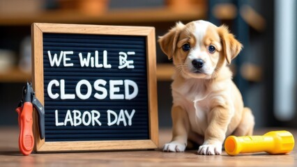 Puppy sitting next to closed sign for labor day with tools