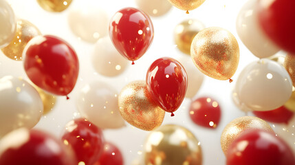 Festive Red and Gold Balloons Floating in Air