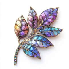 Fototapeta premium Colorful leaf brooch, handcrafted, studio shot, white background, jewelry design