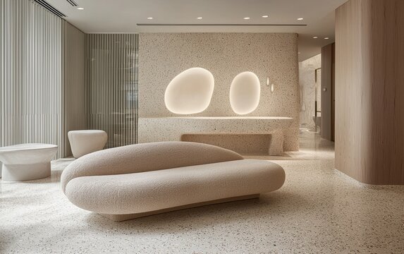 Minimalist lounge, beige boucle sofa, terrazzo flooring, marble feature wall with recessed lighting, contemporary design