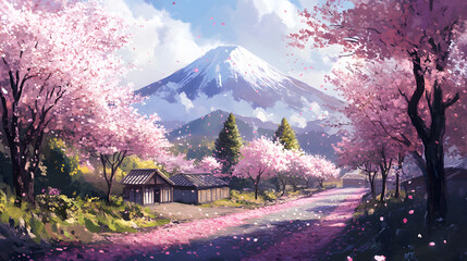 Serene Spring Landscape with Mount Fuji and Cherry Blossoms