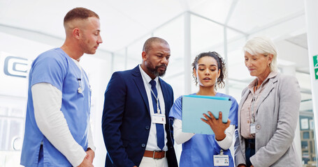 Doctors, team and documents at hospital, meeting and discussion for medical review in huddle....