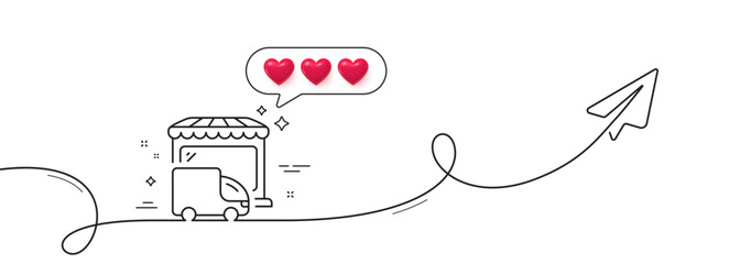 Delivery market line icon. Continuous line with share plane. Store transport sign. Retail marketplace symbol. Hearts rate review in speech bubble. Delivery truck single line ribbon. Vector