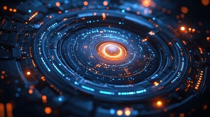 Obraz premium Futuristic digital vortex with glowing blue and orange lights, symbolizing advanced technology and energy
